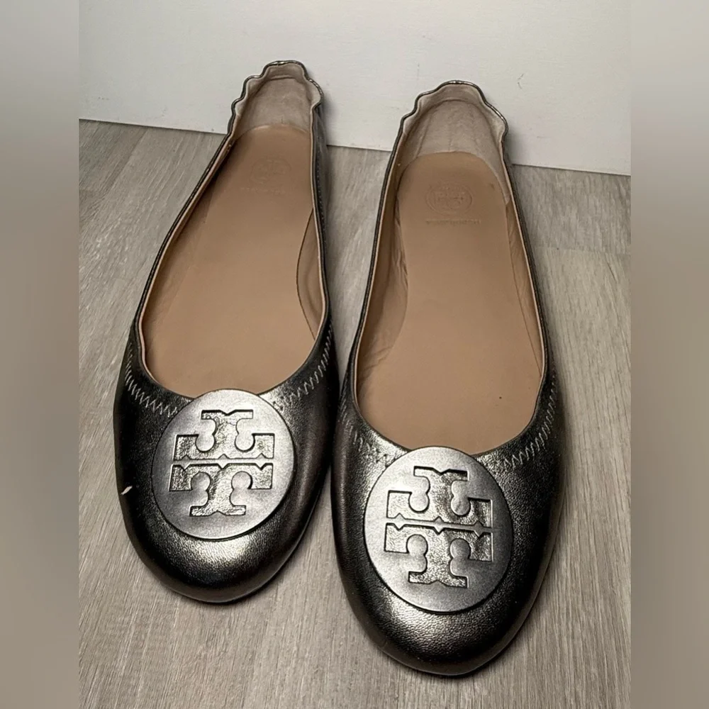 Tory Burch Minnie Metallic Silver/gray Leather Ballet Flat Women's Size 8 M